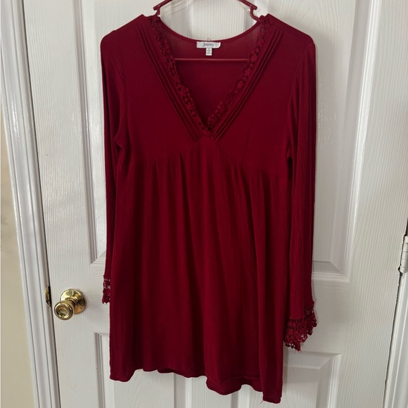 Jodifl Dress classy burgundy embroidery deep v-neck mini long sleeve - Picture 3 of 13